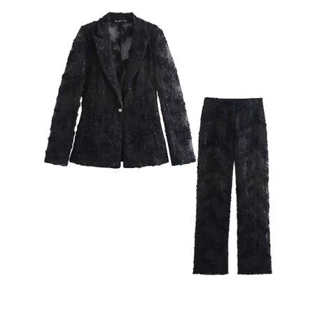 Blazer E Pantaloni Donna Pizzo Paillettes Applicazione Floreale Tridimensionale Maglia Semitrasparente Elegante Streetwear