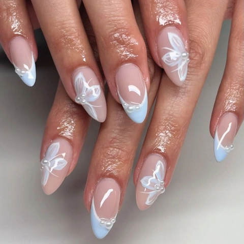 Unghie Finte Mandorla Lunghe French Design Blu Chiaro Bianco Farfalla Floreale Perla Artificial 3D ABS Unghie Artificiali
