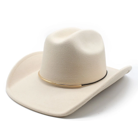 Western Cowboy Hat Woolen Felt Wide Brim Rolled Edge Metal Band Retro Jazz Outdoor Sun Hat Unisex