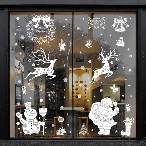 Christmas Window Stickers White Static Cling Santa Claus Reindeer Snowflake Snowman Merry Christmas Decor