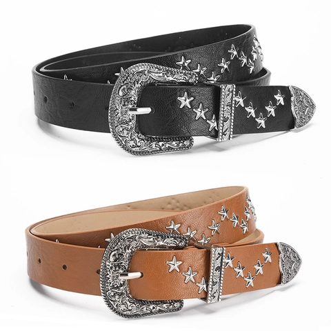 Dames Western Stijl Kunstleren Riem Met Vintage Gesneden Gesp Sterre-Nagels Decoratieve Tailleband Voor Jeans Mode Accessoires