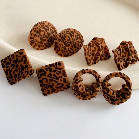 Pendientes Geométricos Con Estampado De Leopardo Tela Flocada Retro Estilo Maillard Joyería Para Mujer Con Poste De Plata