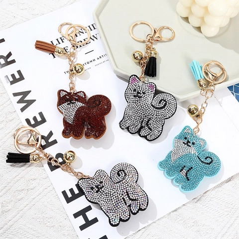Animal Rhinestone Keychain Dog Cat Crystal Bag Charm With Leather Tassel And Bell Alloy Metal Decoration