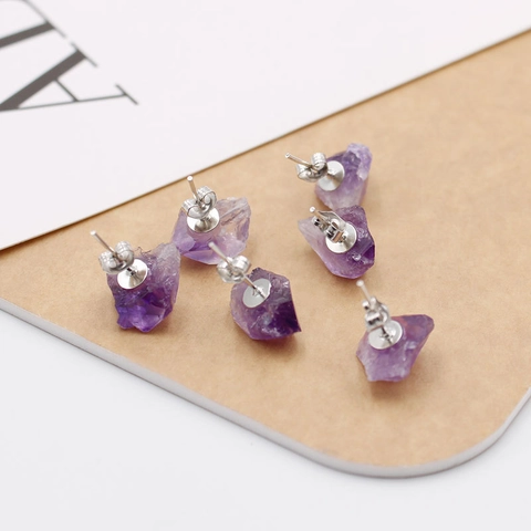 Natural Amethyst Raw Stone Stud Earrings With Silver Earring Post Irregular Geometric Rough Mineral Minimalist Jewelry For Women