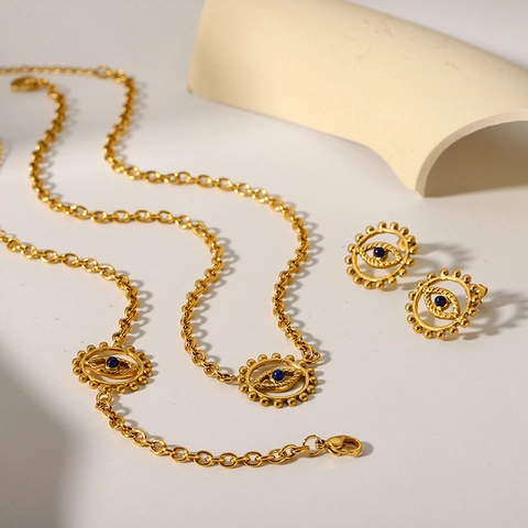 Gioielli Malocchio Da Donna Acciaio Inossidabile Placcato Oro 18K Perla Blu Pendente Retro Collana Orecchini Bracciale