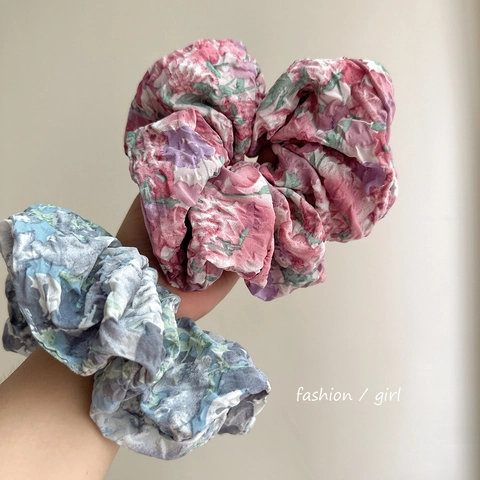 Scrunchie Floreale Oversize Tessuto Retro Pieghettato Elastico Legatura Per Capelli Supporto Per Coda Di Cavallo Accessorio Da Polso Stile Francese Donne