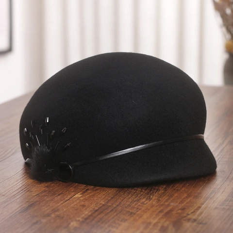 Elegant Women Wool Felt Cloche Hat Mink Fur Ball Rhinestone Decor Vintage British Style Solid Color Autumn Winter