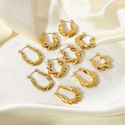 Croissant Hoop Earrings 316 Stainless Steel 18K Gold Plated Twisted Chunky Geometric French Retro Style Jewelry For Women