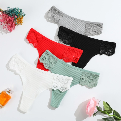 Women Thong Panties Ribbed Cotton Lace Patchwork Low Waist Breathable Sexy T-Back Underwear Soft Ladies Briefs