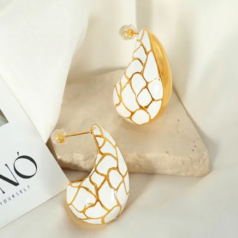 Teardrop Earrings Stainless Steel White Enamel Oil Dripping Gold Crackle Pattern Vintage French Style Accessory For Women