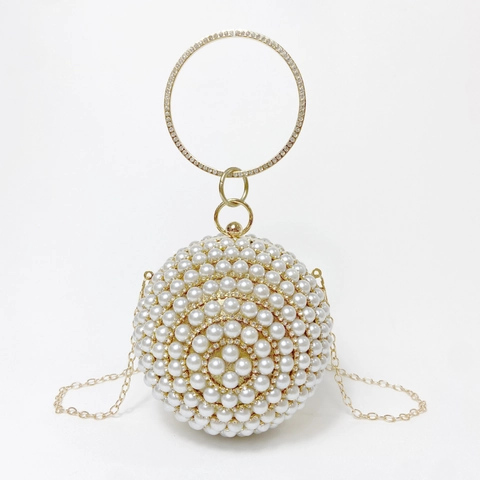 Borsa Da Sera Sfera Künstliche Perle Strass Lusso Borsa A Mano Rotonda Festa Con Manico Anello Metallo E Tracolla Catena