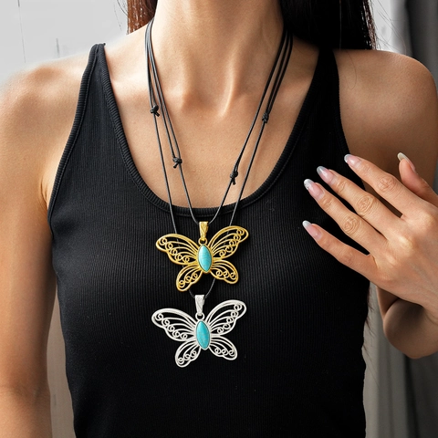 Schmetterling Anhänger Halskette Hohl Filigran Türkis Stein Verstellbare Wachsseil Ethnische Vintage Pulloverkette Damen