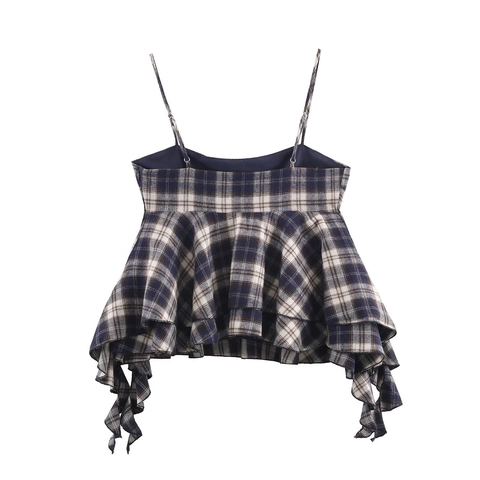 Women Plaid Camisole Top Spaghetti Straps Layered Ruffles Backless Casual Sexy Cropped Tank Acrylic Streetwear