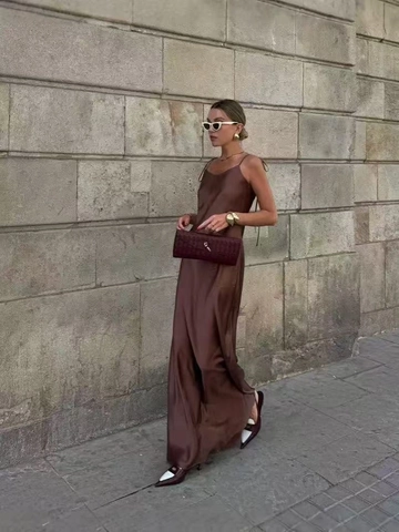 Satin Spaghetti Strap Maxi Dress Tie Shoulder Backless Solid Color Sexy Elegant Sleeveless Evening Party Long Dress