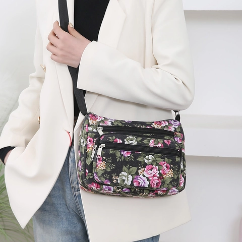 Floral Print Women Crossbody Bag Multi-Pocket Oxford Fabric Shoulder Handbag Casual Travel Lightweight Fashion