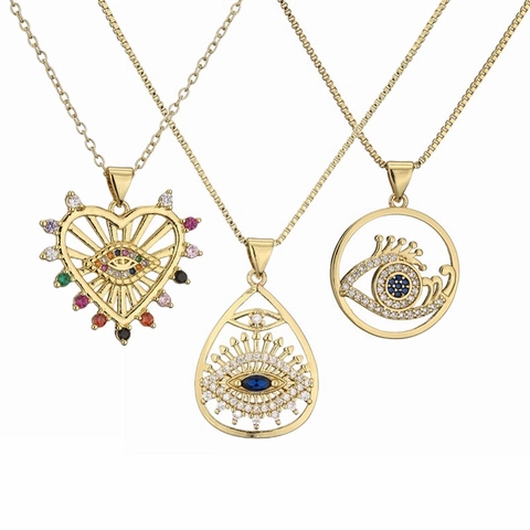 Collar Con Colgante De Ojo Turco Cobre Chapado En Oro De 18K Circón Colorido Corazón Redondo Joyería Para Mujer