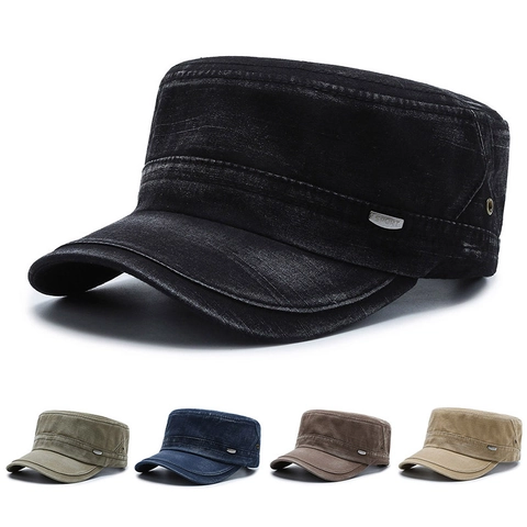 Berretto Cadet In Cotone Lavato Cappello Militare Vintage A Cima Piatta Regolabile Protezione Solare Esterna Uomo