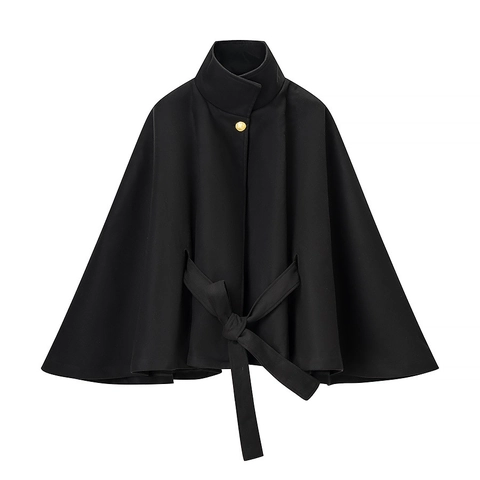 Manteau Cape Femme Polyester Laine Col Montant Bouton Doré Ceinturé Ligne A Veste Hiver Élégante