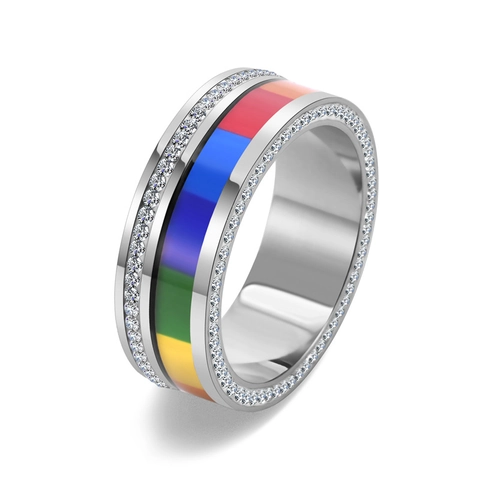 Rainbow Enamel Stainless Steel Band Ring With Double Row Cubic Zirconia Personalized Fashion Jewelry For Men Women