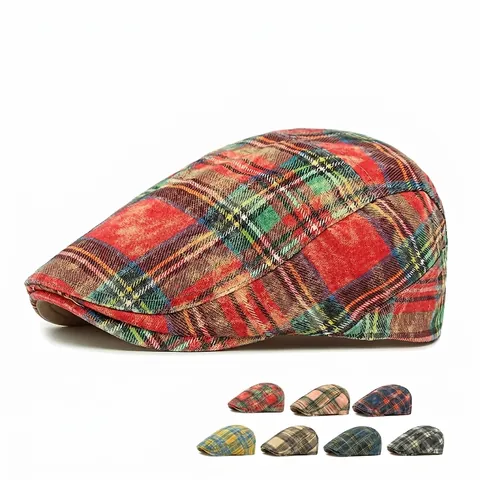 Plaid Ivy Cap British Retro Flat Cap Washed Cotton Adjustable Newsboy Hat For Men Women Outdoor Casual Fashion