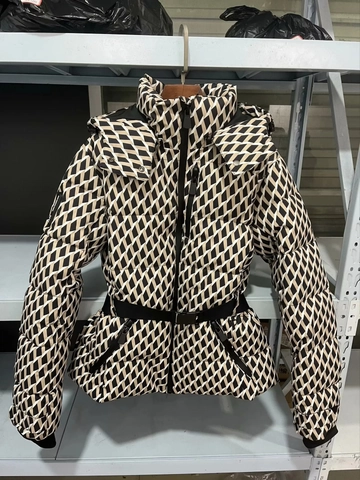 Women Ski Jacket Hooded Slim Fit Padded Coat With Belt Geometric Printed Windproof Winter Outerwear Top Or Bottom