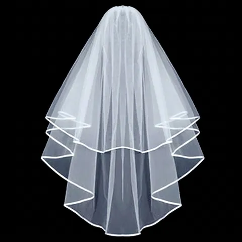 Bridal Wedding Veil Tulle Mesh With Satin Ribbon Edge Tiered Short Length Hair Comb Headpiece Simple Elegant