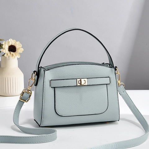 Women Litchi Texture PU Leather Shoulder Crossbody Bag Color Contrast Metal Lock Simple Small Square Handbag