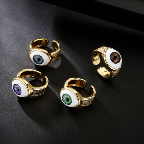 Realistischer Evil Eye Ring Kupfer Vergoldet Zirkon Verstellbares Offenes Band Hammerschlagstruktur Einzigartiger Modeschmuck Damen