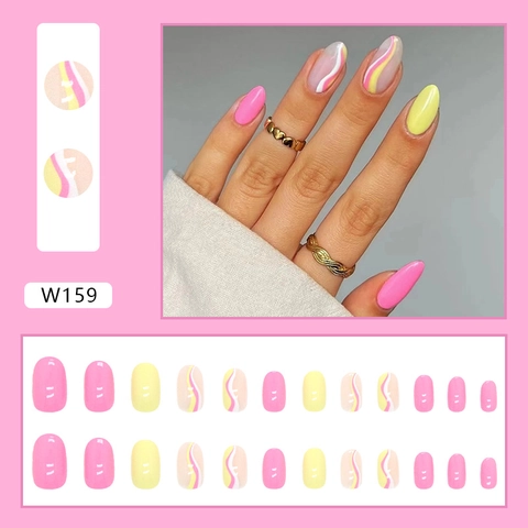 Press On Nagels Roze En Gele Golf Design Glanzend ABS Rond Ovaal Kunstmatige Valse Nagels Voor Vrouwen