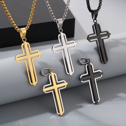 Collana Con Pendente A Croce A Strati Acciaio Inossidabile Design Cavo Gioielli Religiosi Minimalisti Da Uomo