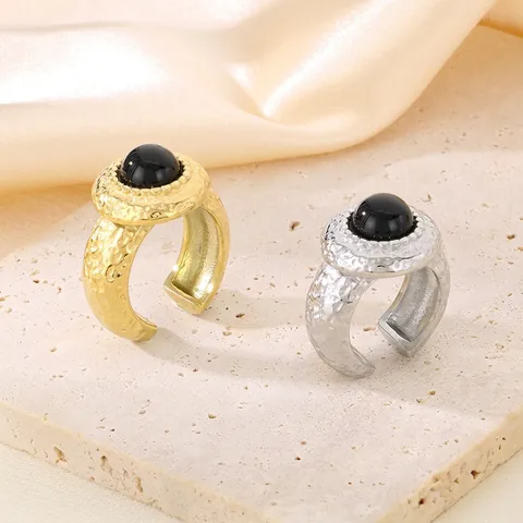 Anillo Acero Inoxidable Textura Martillada Vintage Estilo Corte Incrustación Perla Negra Joyería Mujeres