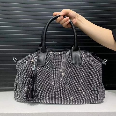 Mujer Bolso Tote Con Diamantes De Imitación Cuero PU Cristal Brillante Gran Capacidad Bolso De Hombro Con Borla Retro Fiesta