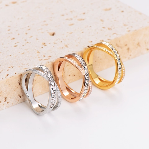 Stainless Steel Criss Cross Ring Pave Cubic Zirconia Double Layer X Shape Fashion Jewelry Gift For Women
