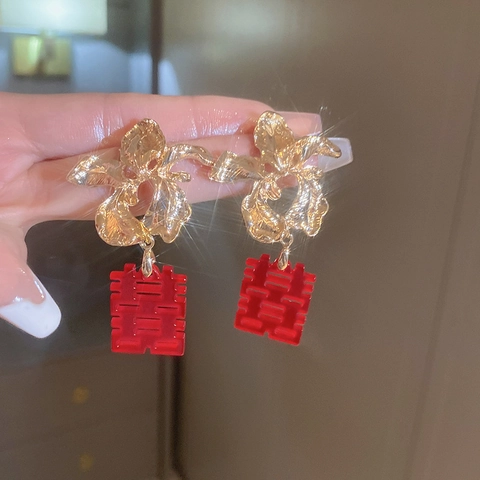 Vintage Chinese Style Flower Double Happiness Pendant Earrings With Silver Earring Post Wedding Toast Jewelry For Women
