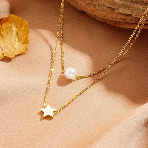 Collar Doble Capa De Acero Inoxidable Chapado En Oro Con Colgante De Perla Artificial Y Estrella Joyería De Moda Elegante Para Mujer