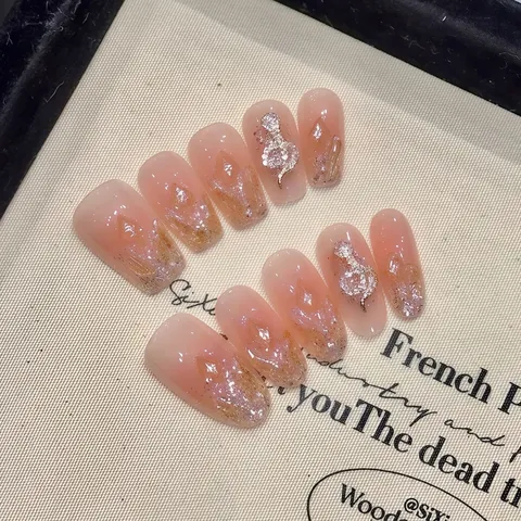 Handgefertigte Künstliche Fingernägel Rosa Farbverlauf 3D Gold Metall Schlange Glitzer Lange Ovale Aufpressnägel Für Frauen
