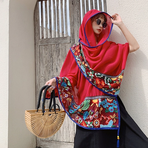 Ethnische Bestickte Schal Damen Baumwolle Leinen Quasten Boho Sonnenschutz Strand Reise Accessoire