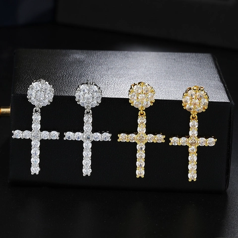 Hip Hop Kupfer Zirkonia Kreuz Ohrringe Für Herren Damen Iced Out Vollbesetzte Diamant Ohrringe Streetwear Schmuck Geschenk