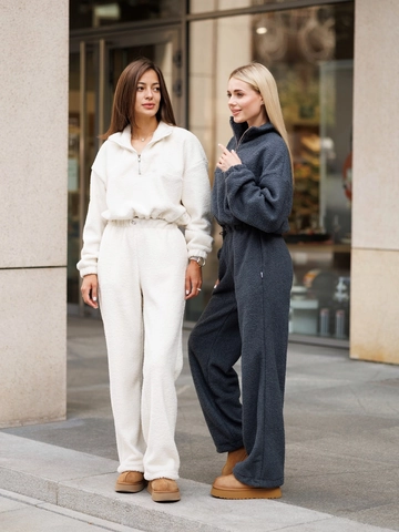 Ensemble Pull Et Pantalon Polaire Demi Fermeture Éclair Manches Longues Taille Haute Jambe Droite Décontracté Automne Hiver