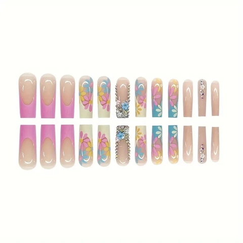 Faux Ongles À Presser Fleurs Douces French Tip Carrés Trapèze Pour Femmes Avec Strass Paillettes Plastique
