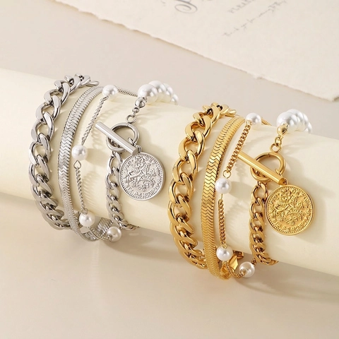 Bracciali A Strati Acciaio Inossidabile Perla Artificial Sintetica Catena Cubana Serpente Ciondolo Moneta Gioielli Di Moda Per Donne Eleganti