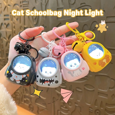 Glowing LED Astronaut Space Capsule Backpack Keychain Cute Cartoon Bear Cat Plastic Pendant With Metal Bell Accessory