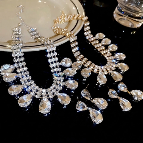 Rhinestone Water Drop Ketting En Oorbellen Set Legering Peervorm Kwastje Bruiloft Feest Banket Sieraden Voor Vrouwen