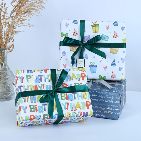 Premium Offset Birthday Gift Wrapping Paper Colorful Ribbons Stickers For Party Holiday Unicorn Heart Patterns