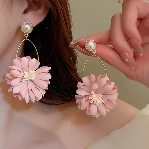 Pink Fabric Flower Drop Earrings With Faux Artificial Pearl And Silver Earring Post Elegant Sweet Fashion Jewelry For Women