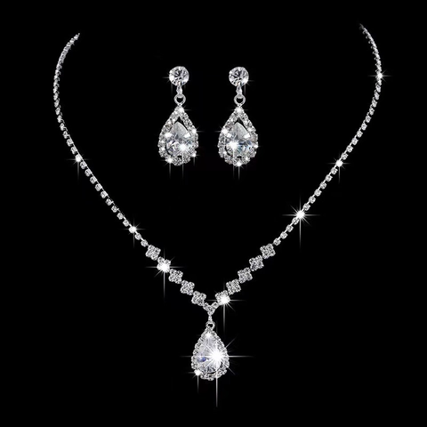 Gioielli Sposa Collana Orecchini Bracciale Rame Placcato Argento Zirconia Strass Goccia Acqua Matrimonio Per Donne