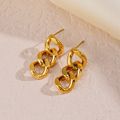 Orecchini A Lobo Con Catena A Maglia Cubana Acciaio Inossidabile Placcato Oro 18K Triplo Occhiello Minimalista Donna