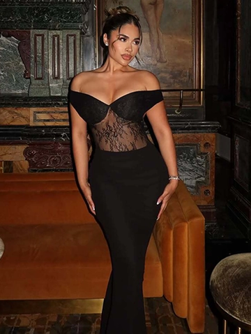 Schwarzes Schulterfreies Maxi Kleid Mit Spitze Patchwork Rückenfrei Schlank Polyester Spandex Abendparty Elegant Damen