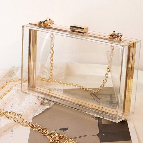 Transparente Acryl Umhängetasche Box Bag Goldener Metallrahmen Abnehmbarer Kettenriemen Abend Clutch Für Damen