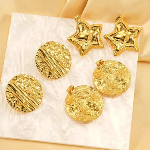 Vintage Getextureerde Knopoorbellen 18K Verguld 304 Roestvrij Staal Ronde En Stervorm Retro Stijl Sieraden Voor Dames